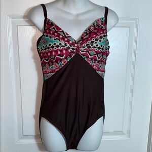 SWEET ESCAPE full coverage brown multi twist bust 1-Piece Swimsuit Size 14